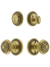 Grandeur Newport Entry Door Set, Keyed Alike with Windsor Knobs in Antique Brass.